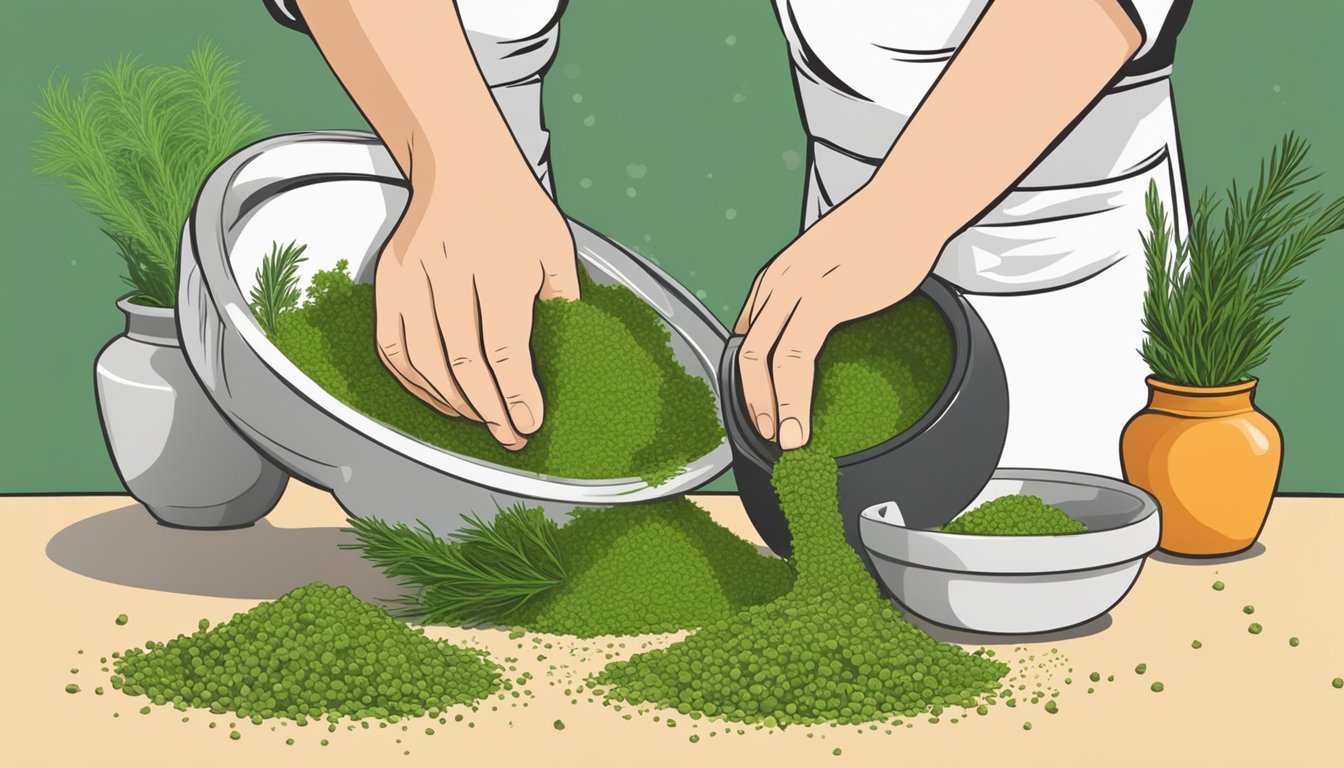 A chef's hand sprinkling fresh dill into a mortar and pestle, preparing to crush it as a substitution for tarragon