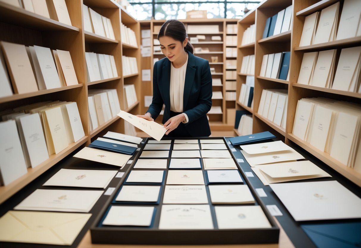 A person browsing through a variety of elegant wedding invitation designs at a stationery store, surrounded by shelves of paper and envelopes