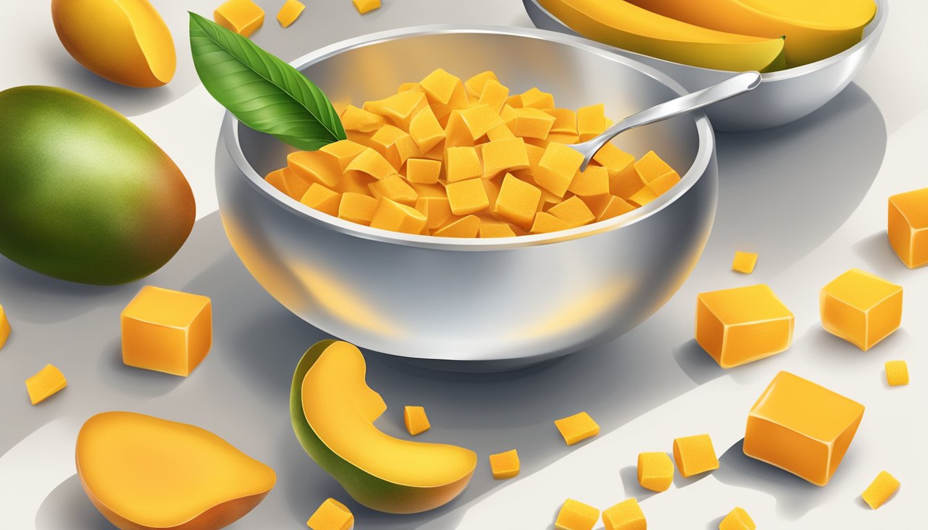 A bowl of dried mango slices next to a bowl of fresh mango cubes, with a measuring cup pouring dried mango into a mixing bowl