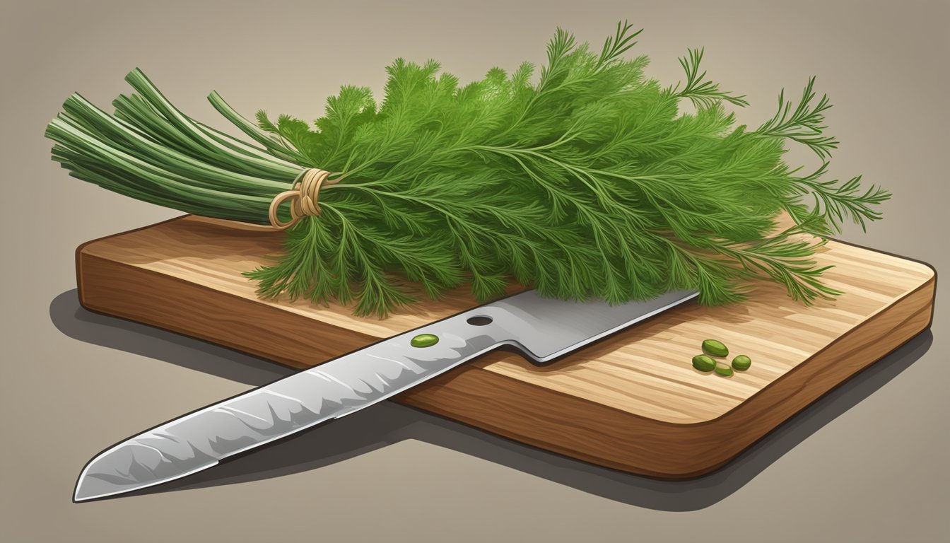 Fresh dill and tarragon sprigs on a cutting board with a chef's knife