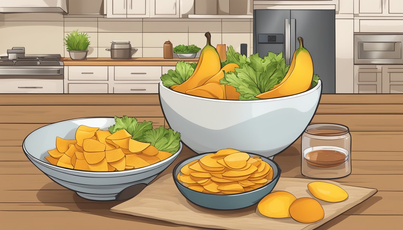 A bowl of dried mango slices next to a variety of dishes, including a salad, smoothie, and salsa, showcasing the versatility of dried mango as a suitable alternative in various recipes