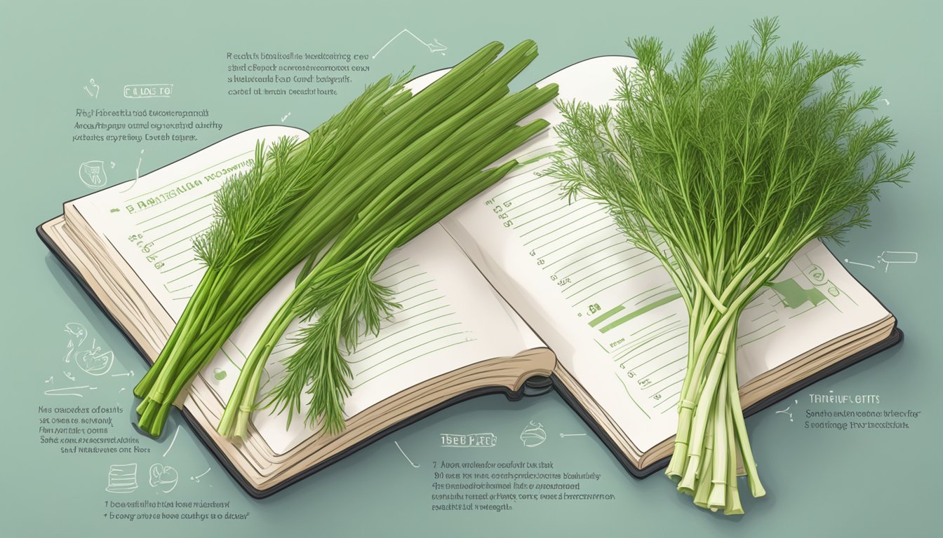 Fresh dill and tarragon sprigs next to a recipe book with nutritional facts and health benefits highlighted