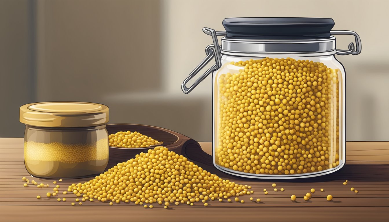 A variety of mustard seeds and a jar of dry mustard on a kitchen counter