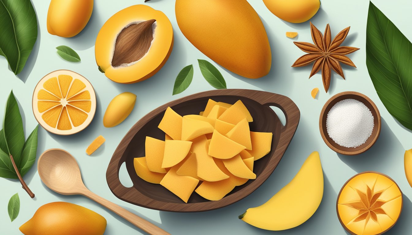 Dried mango slices arranged next to a bowl of fresh mango chunks, surrounded by various cooking ingredients and utensils