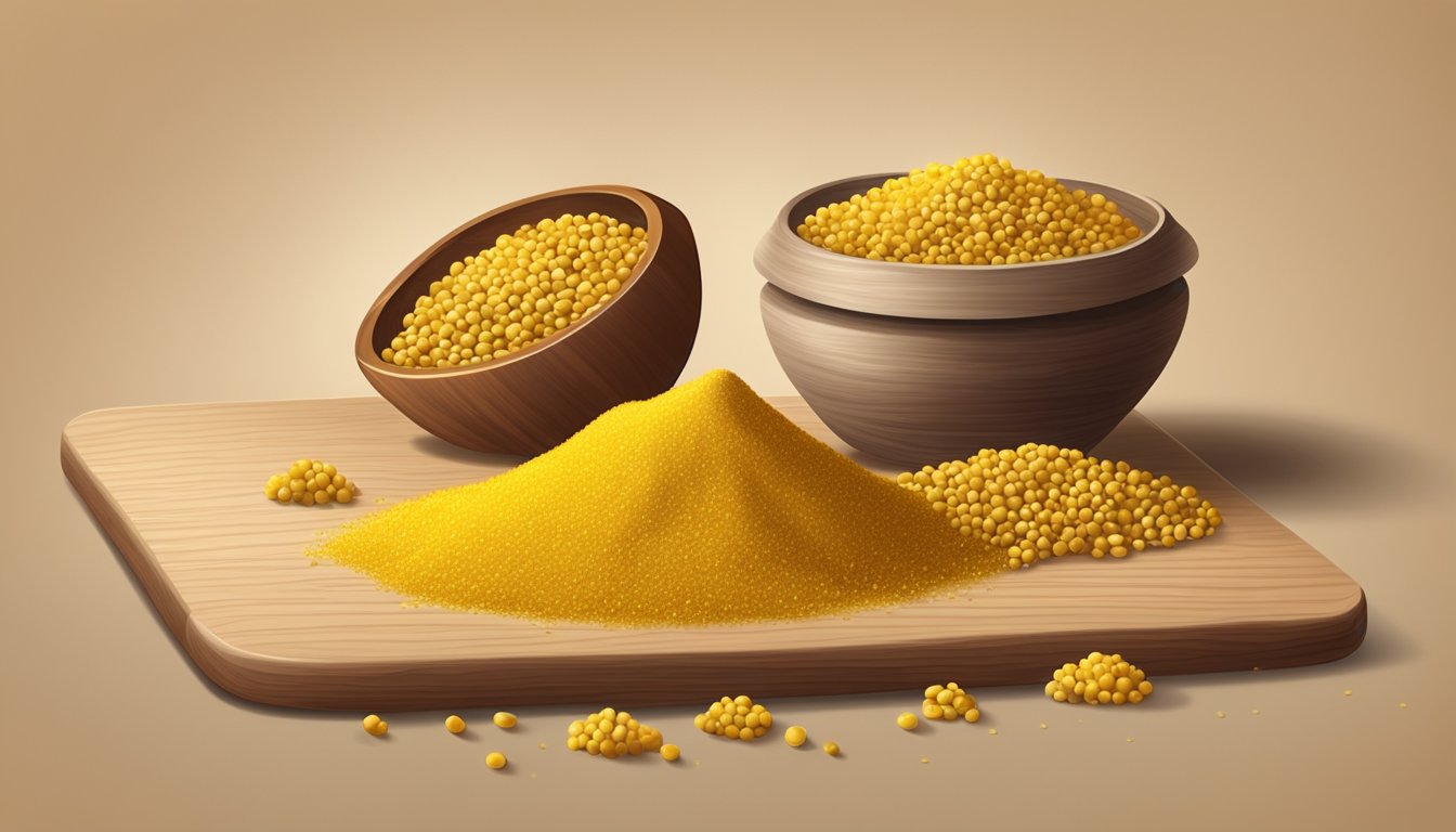 A small pile of dry mustard powder next to a scattering of whole mustard seeds on a clean, wooden cutting board