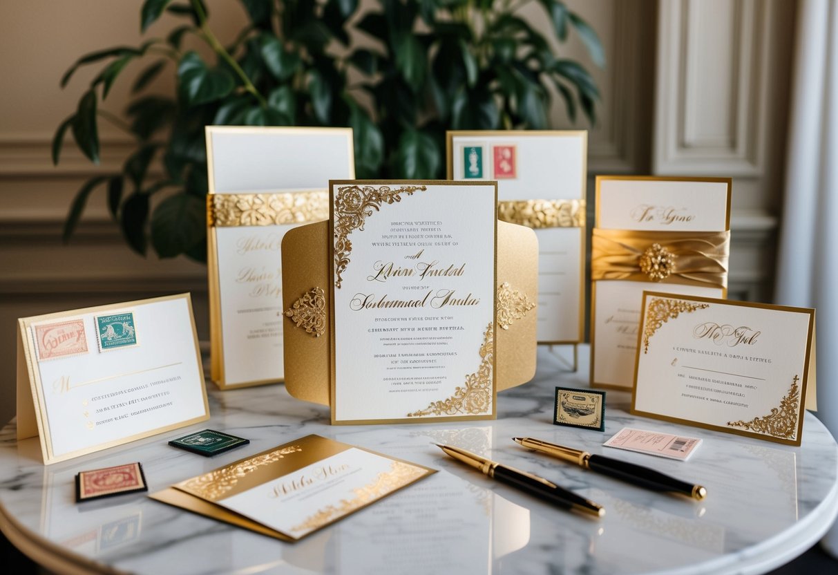 A lavish wedding invitation suite with gold foil accents, embossed details, and luxurious paper stock displayed on a marble table with elegant calligraphy pens and vintage stamps