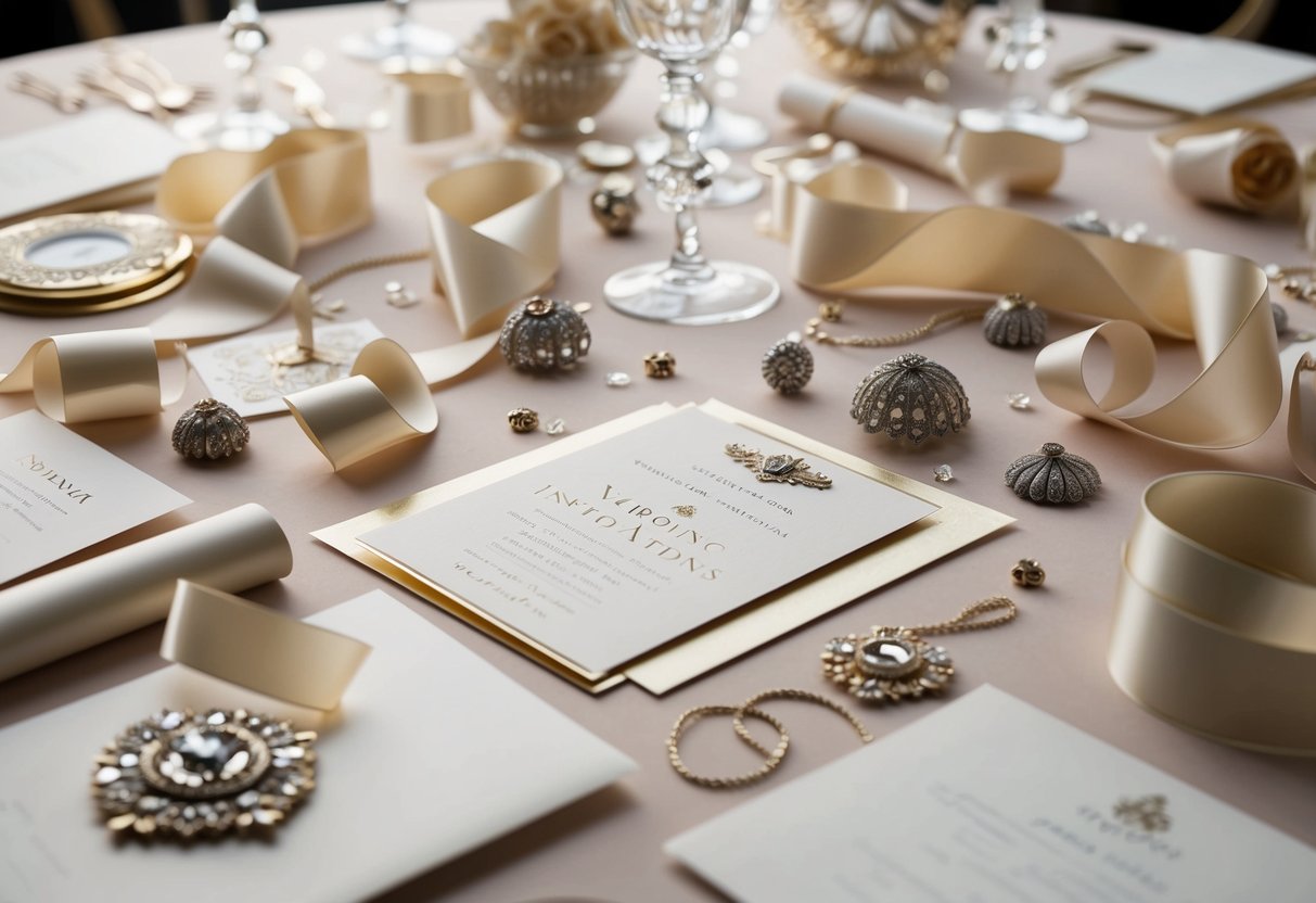 A table scattered with luxurious paper, elegant ribbons, and ornate embellishments for creating expensive-looking wedding invitations