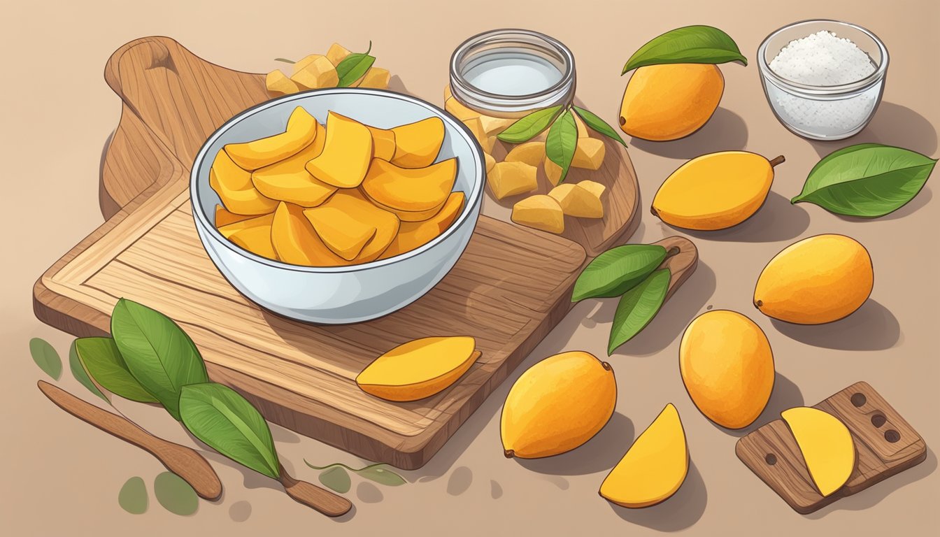 A bowl of dried mango slices next to a cutting board with fresh mango, surrounded by various kitchen utensils and ingredients for recipe substitution