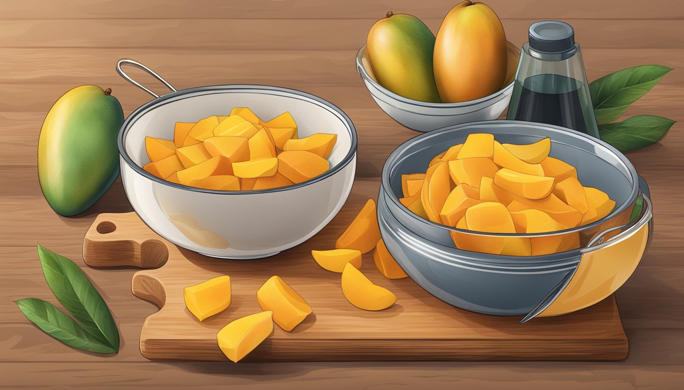 A bowl of dried mango slices next to a cutting board with fresh mango, surrounded by various kitchen utensils and ingredients