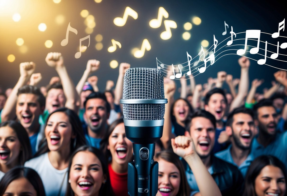 A microphone surrounded by a crowd of cheering fans, with music notes and sound waves in the background