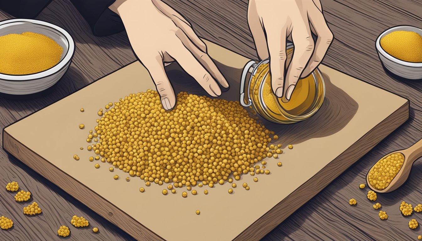 A hand reaching for a jar of dry mustard with a pile of mustard seeds next to it on a wooden cutting board