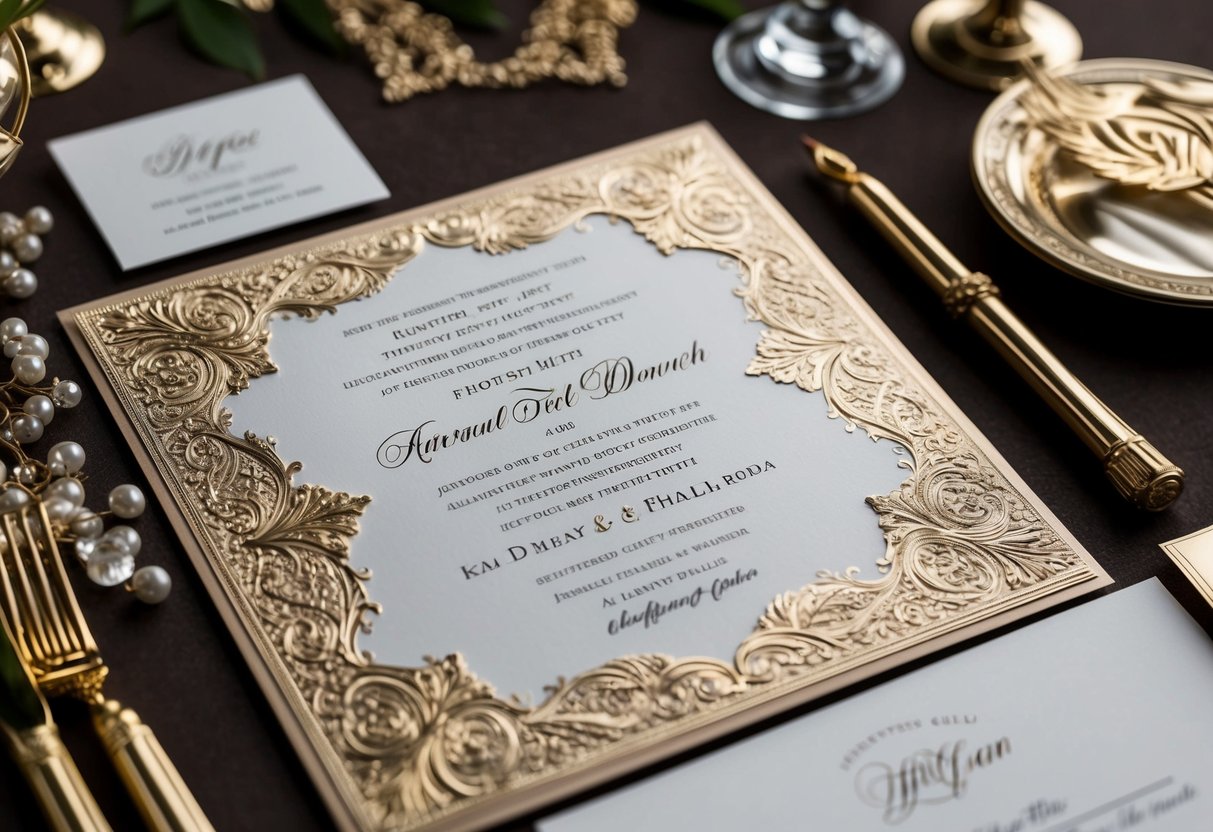 A lavish wedding invitation with intricate embossing, gold foil accents, and luxurious paper