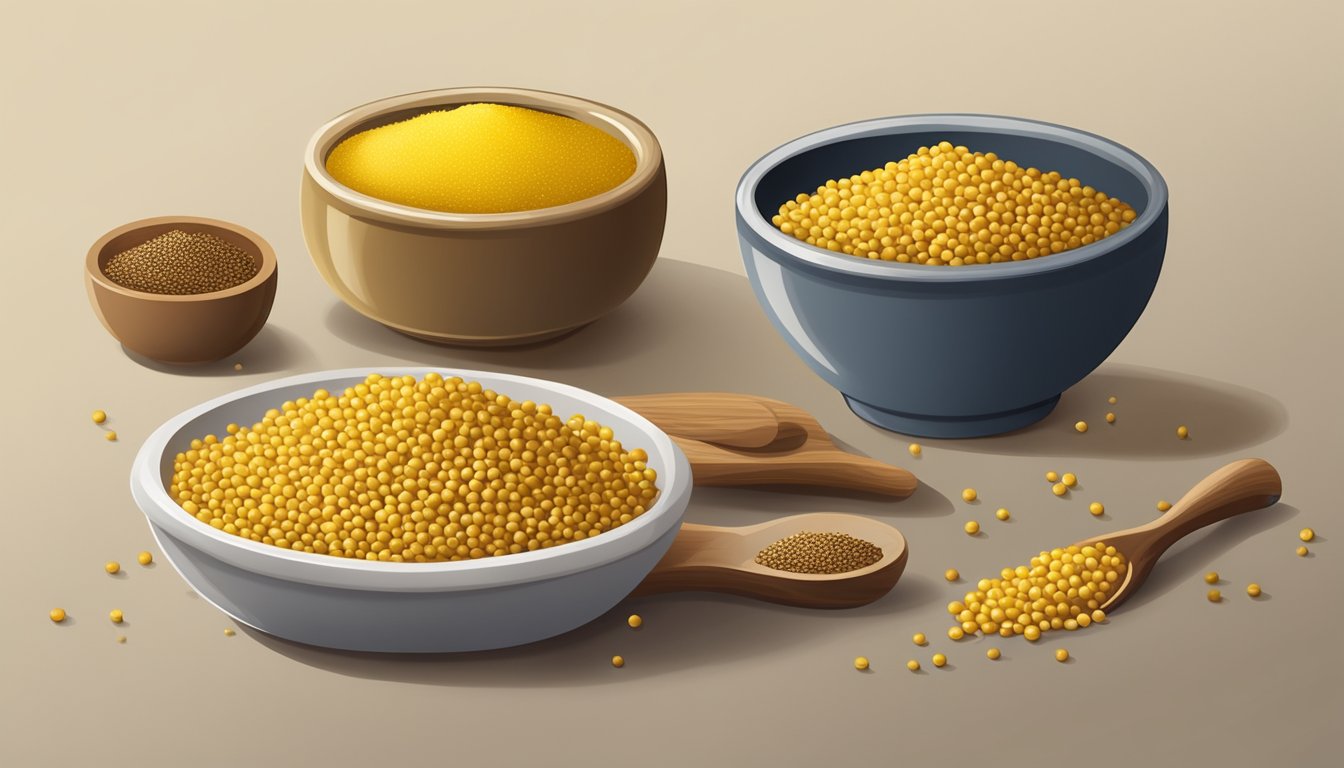 A small dish of dry mustard next to a pile of mustard seeds on a kitchen counter