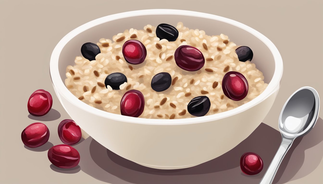 A bowl of oatmeal topped with dried cranberries instead of raisins, with a spoon beside it