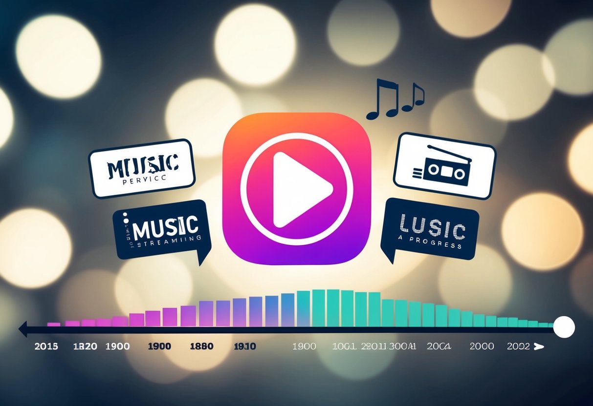 A streaming service logo surrounded by a timeline of music eras, with a progress bar showing a song's length increasing to an extreme duration
