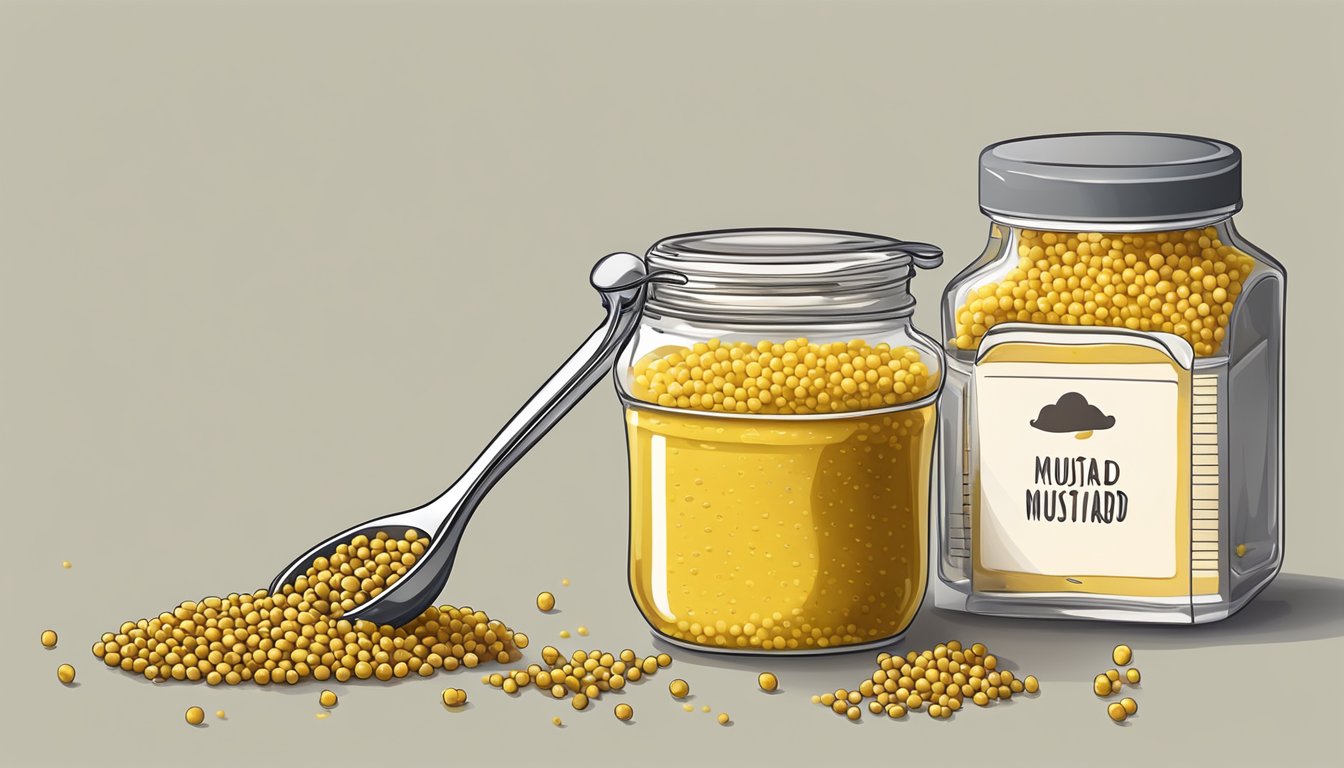 A jar of dry mustard next to a pile of mustard seeds, with a measuring spoon scooping out the dry mustard