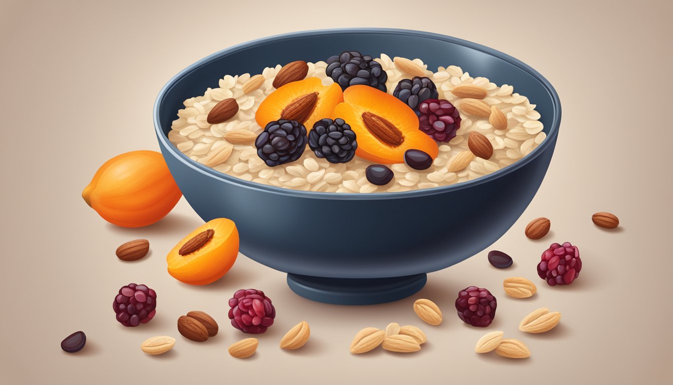 A bowl of oatmeal with dried cranberries replacing raisins, surrounded by various alternative dried fruits like apricots and figs