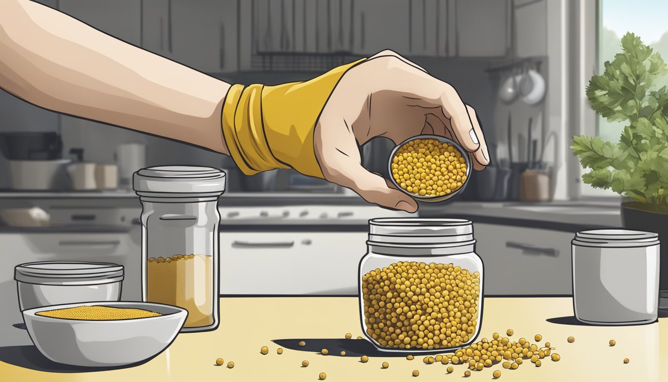 A hand reaching for a jar of dry mustard while a jar of mustard seeds sits nearby on a kitchen counter