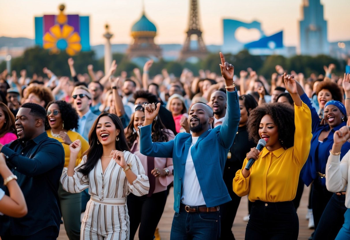 A crowd of diverse people dancing and singing along to a timeless hit song, with various cultural symbols and landmarks in the background