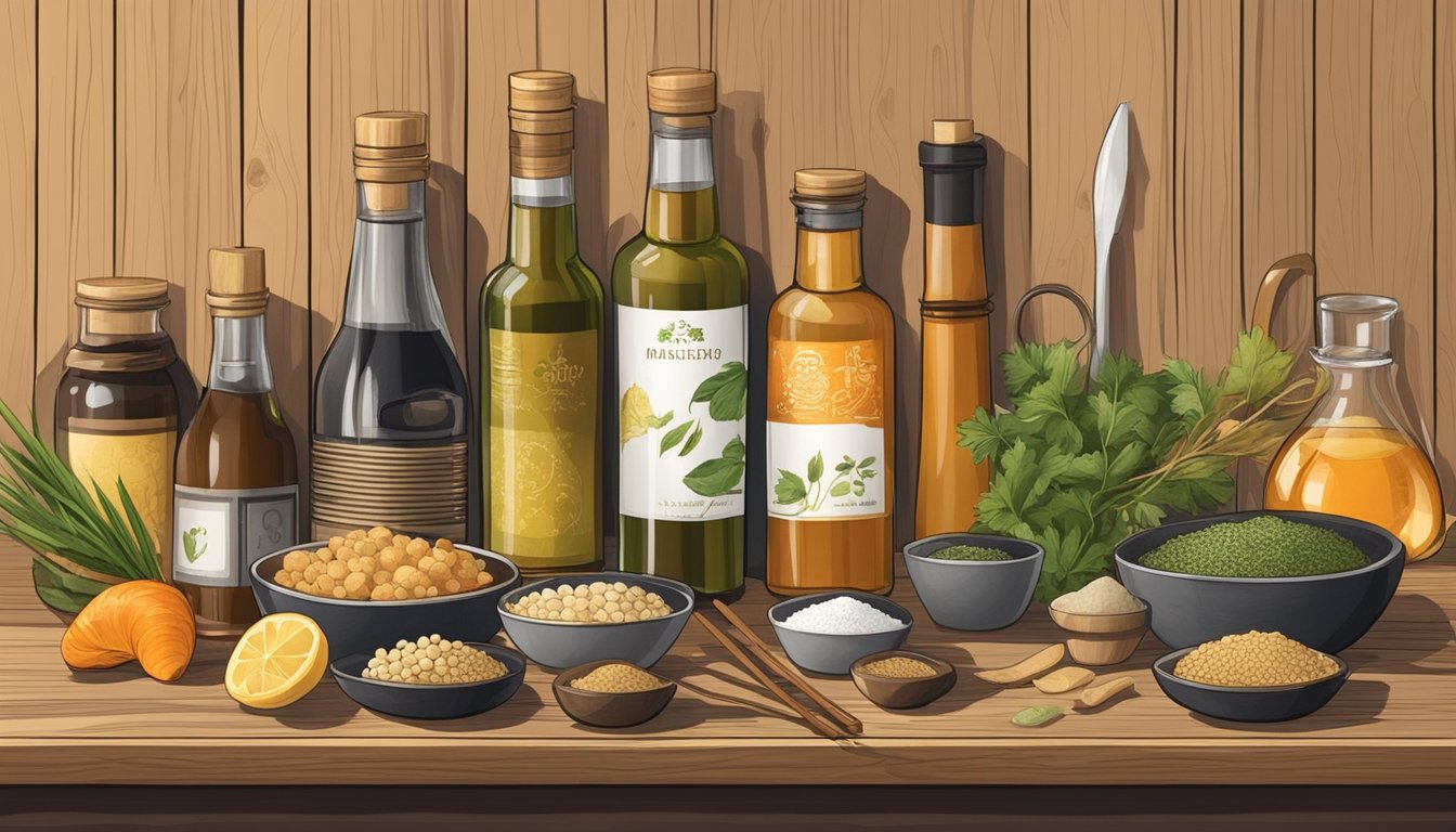 A bottle of dry sherry and mirin surrounded by various Asian cooking ingredients and utensils on a wooden kitchen counter