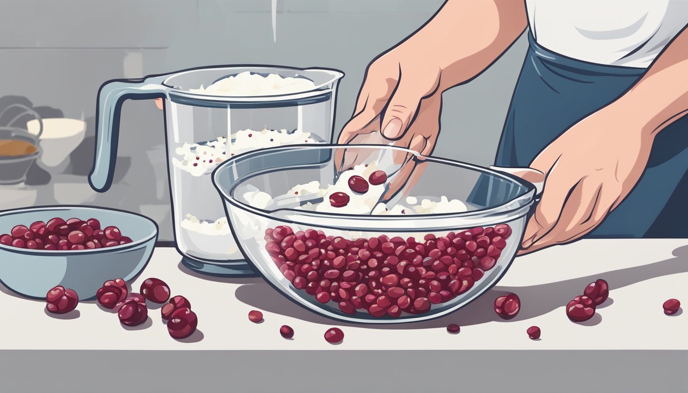 A chef pours a handful of dried cranberries into a measuring cup, then sprinkles them into a mixing bowl of batter