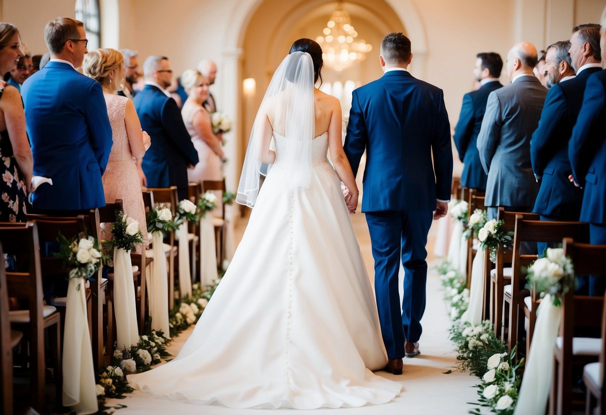 A bride walks down the aisle, her flowing gown trailing behind her as she listens to the music playing for the rest of the wedding ceremony