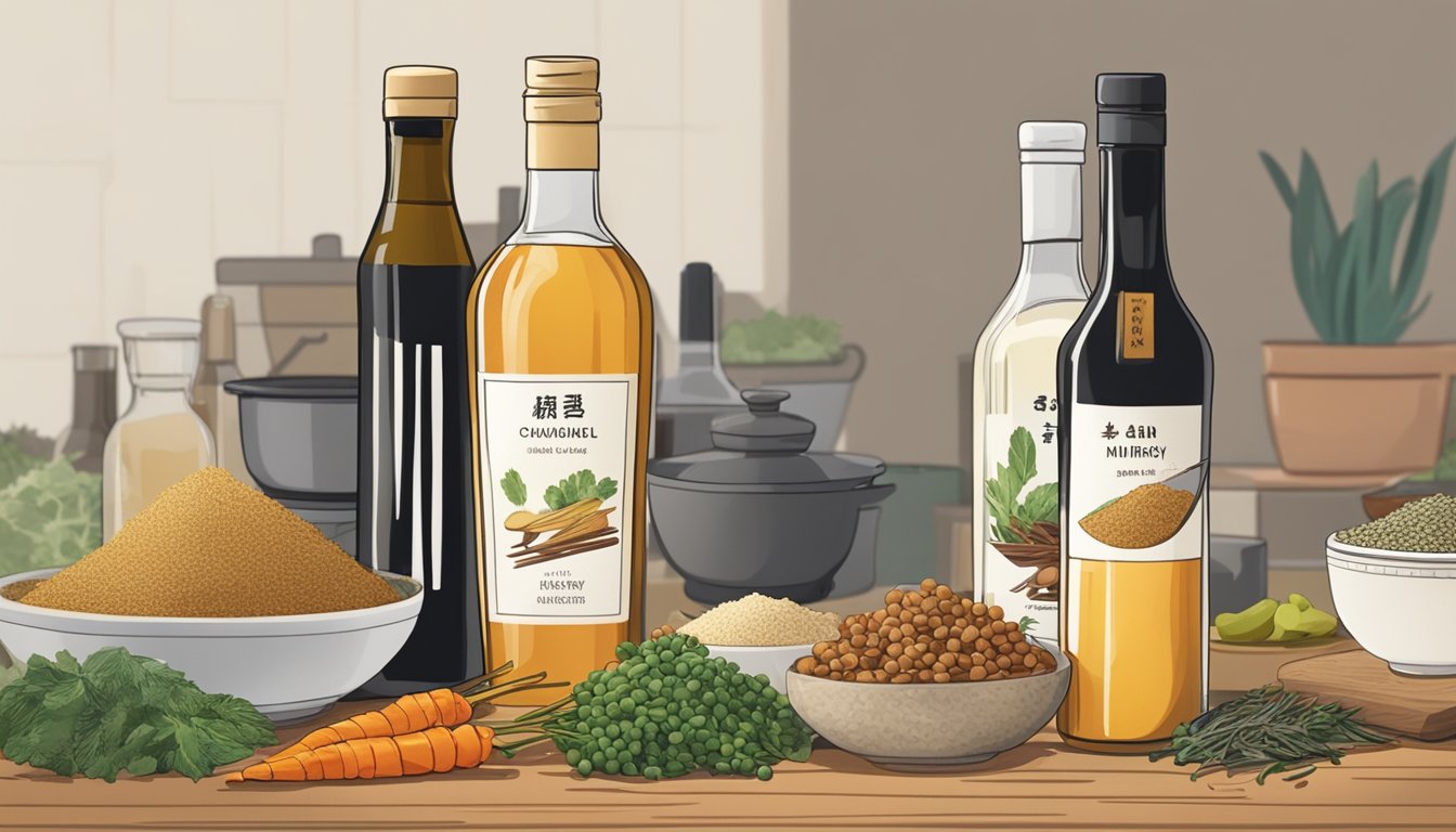 A bottle of dry sherry and a bottle of mirin sitting side by side on a kitchen counter, with various Asian cooking ingredients scattered around them