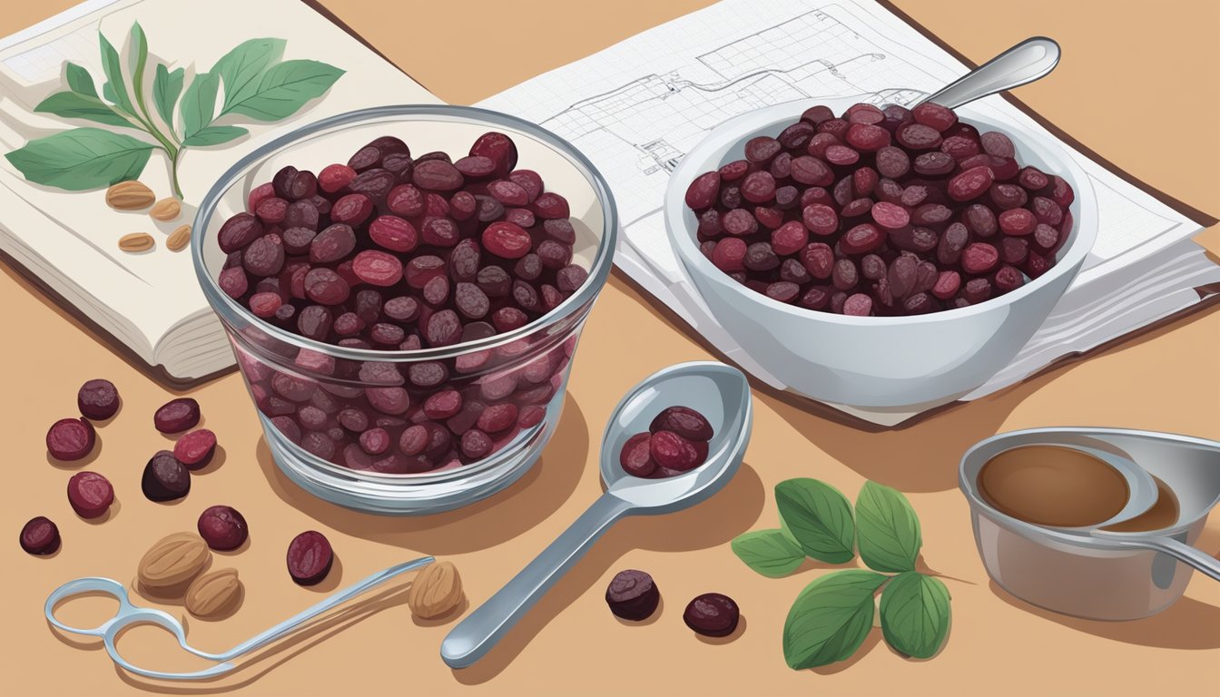 A bowl of dried cranberries next to a bowl of raisins on a kitchen counter, with measuring spoons and a recipe book open to a page on ingredient substitutions