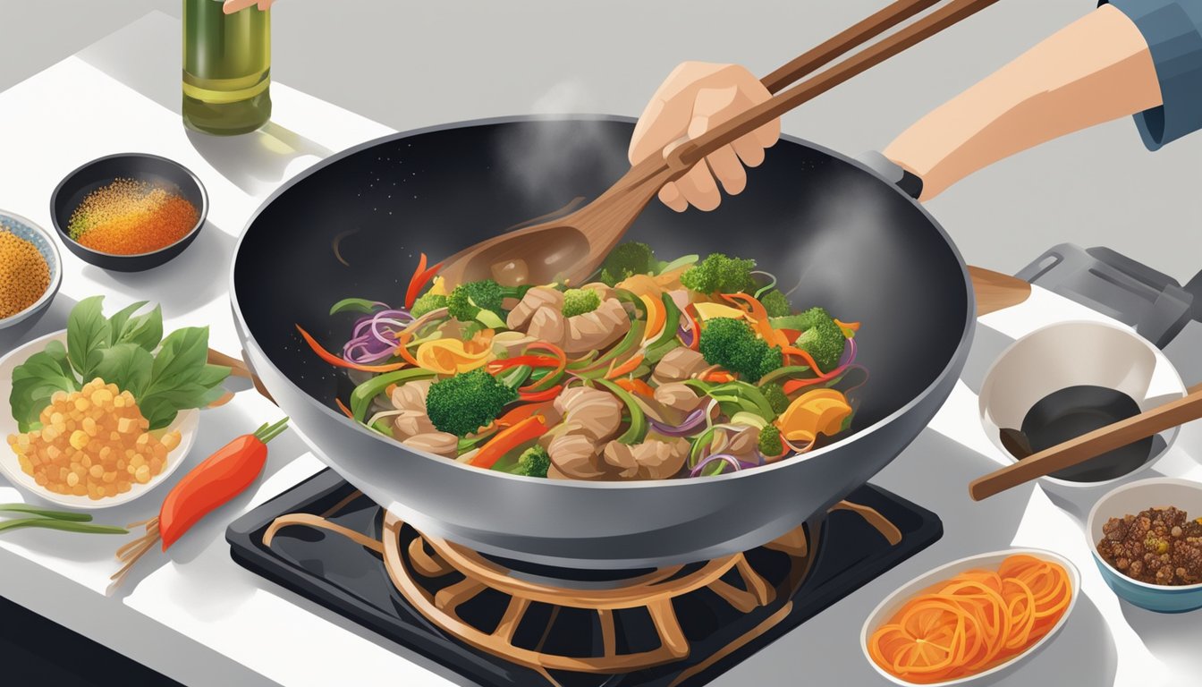 A chef pouring a small amount of dry sherry into a sizzling wok of stir-fry, with various Asian cooking ingredients and utensils on the kitchen counter