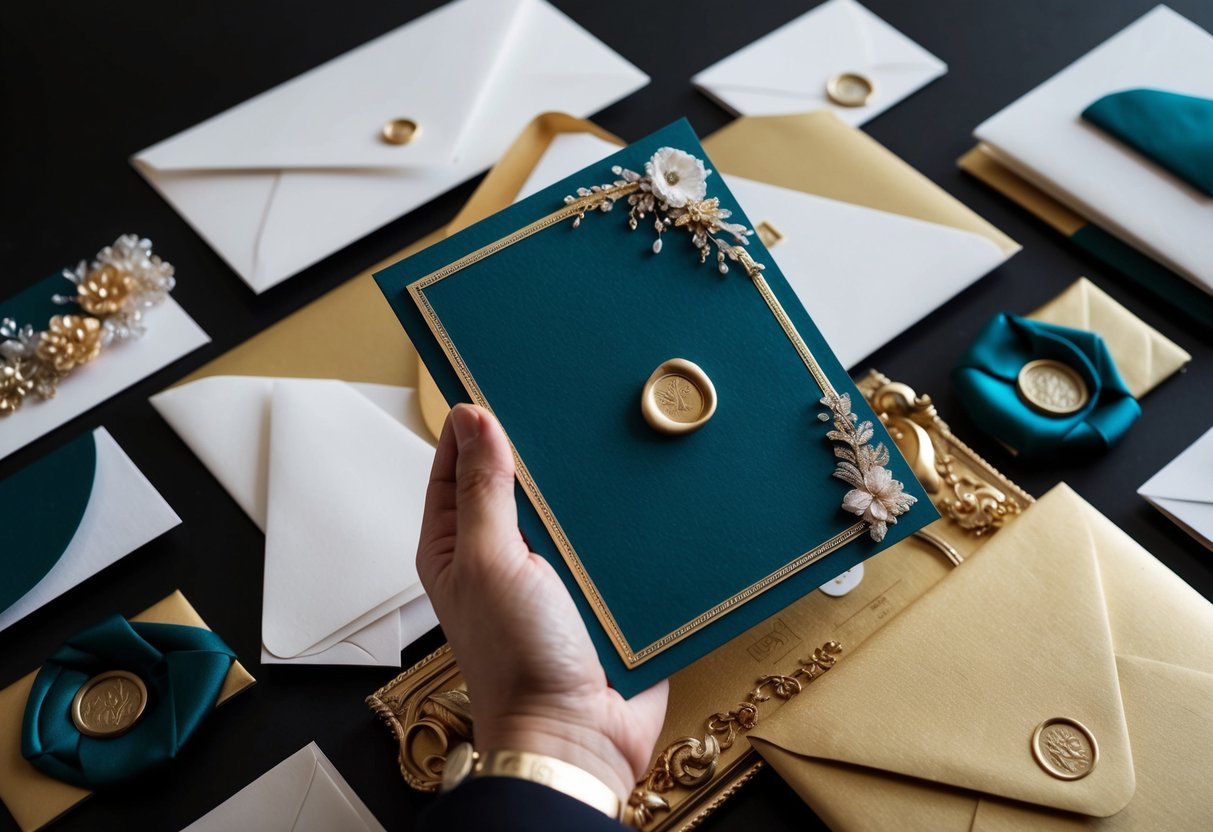 A hand holding luxurious cardstock, adorned with elegant embellishments and metallic accents, arranged with opulent envelopes and wax seals