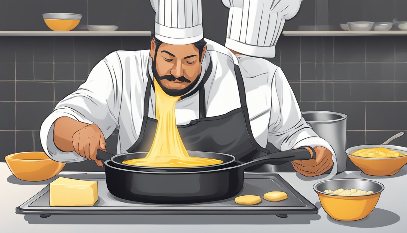 A chef pours melted duck fat from a small bowl into a sizzling pan, replacing butter in a cooking recipe