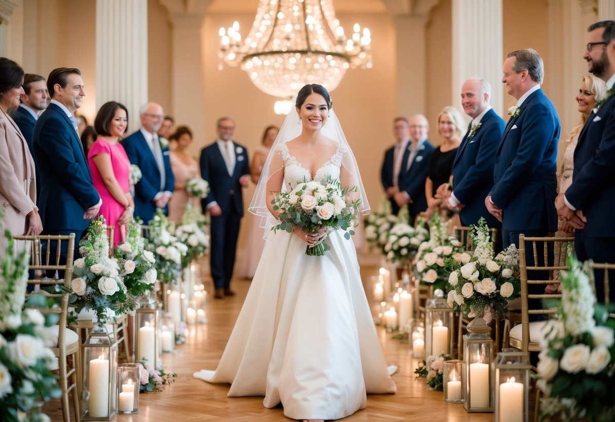 A bride walks down the aisle to a classical song, surrounded by elegant floral arrangements and soft lighting