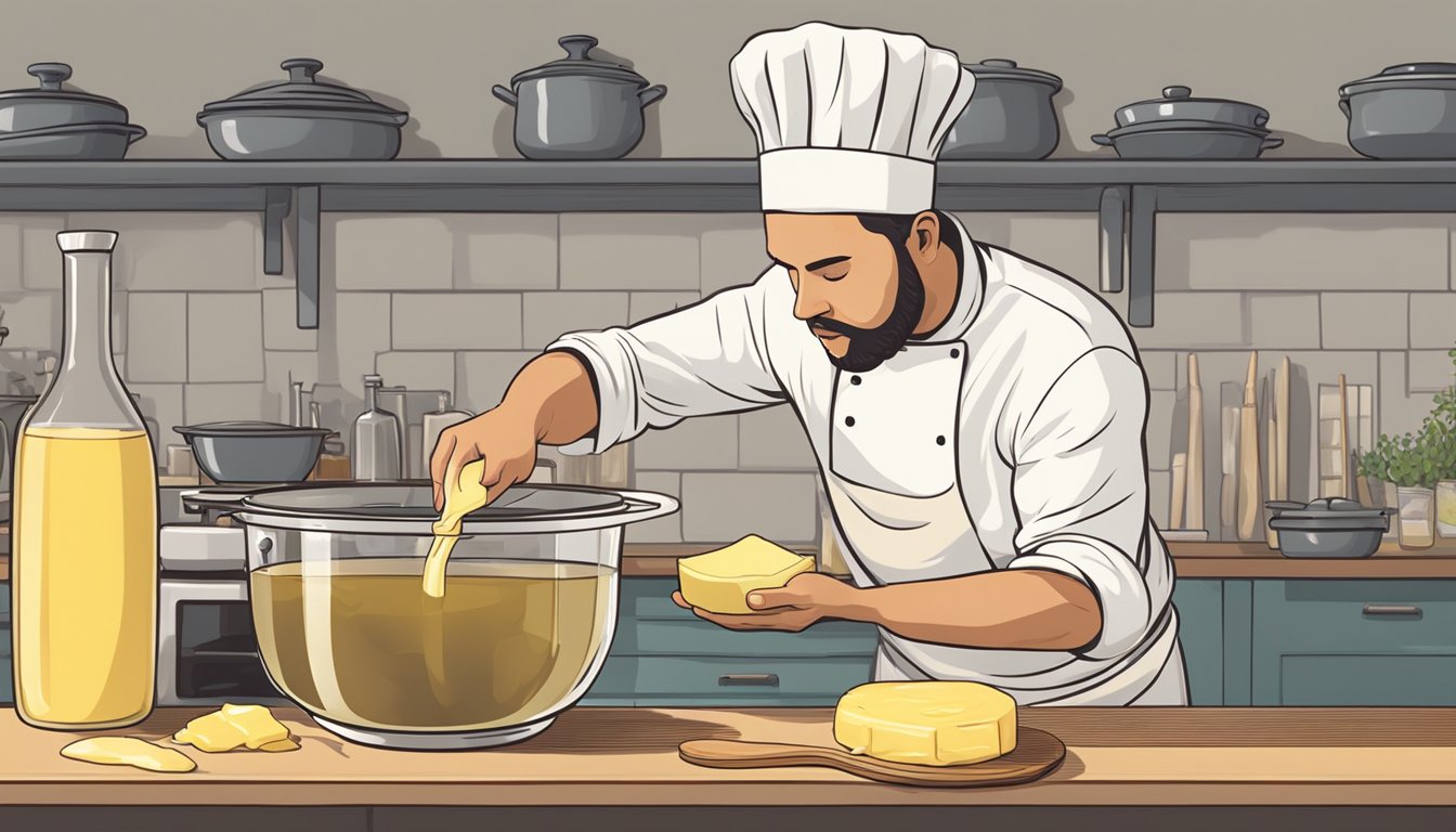 A chef pouring melted duck fat from a jar into a mixing bowl, next to a wrapped stick of butter