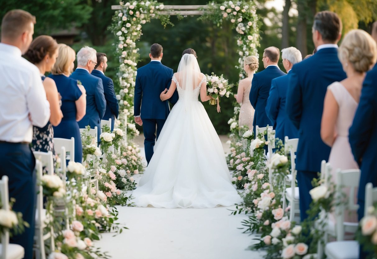A bride walks down a flower-filled aisle towards her groom, as the soft melody of a classical song fills the air