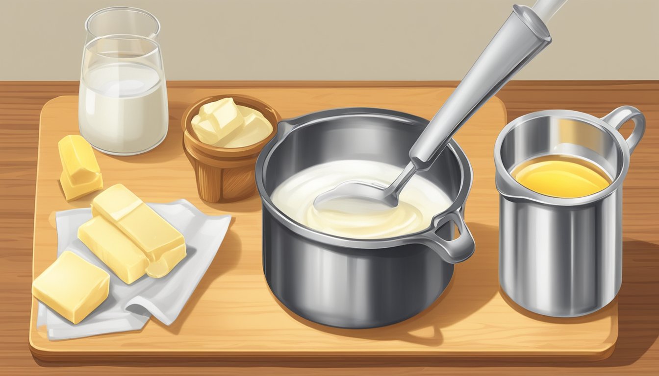 A chef pours melted duck fat into a measuring cup, while a stick of butter sits next to it on a wooden cutting board