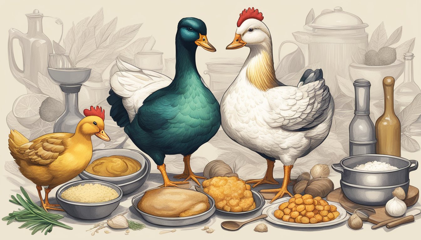 A duck and a chicken standing side by side, surrounded by various cooking ingredients and utensils