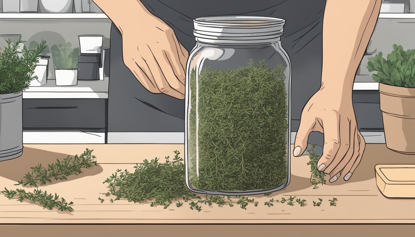 A hand picking fresh thyme from a garden while a jar of dried thyme sits on a kitchen counter, ready to be used as a substitute