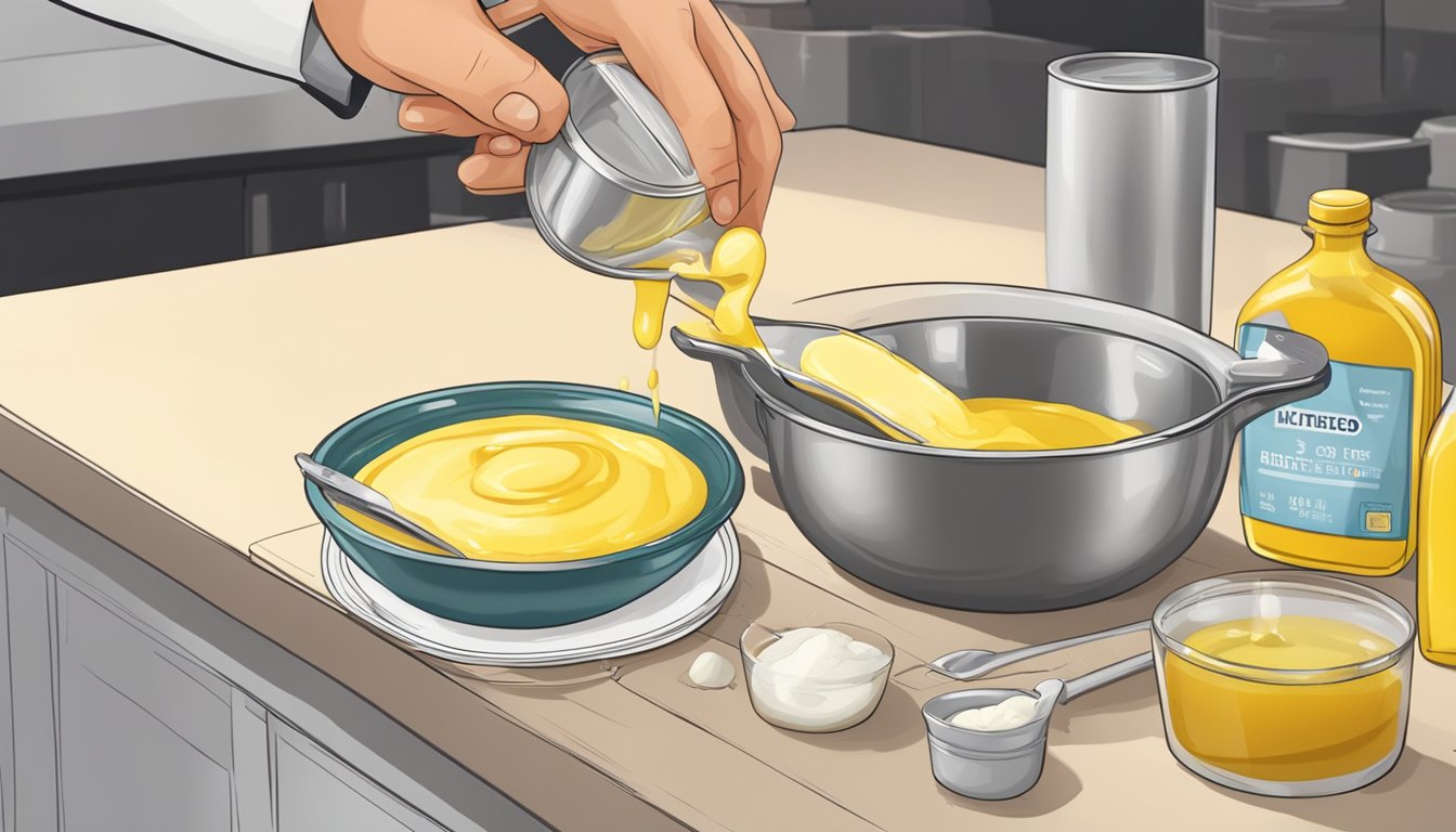 A chef pours melted duck fat into a measuring cup, while a stick of butter sits on the counter