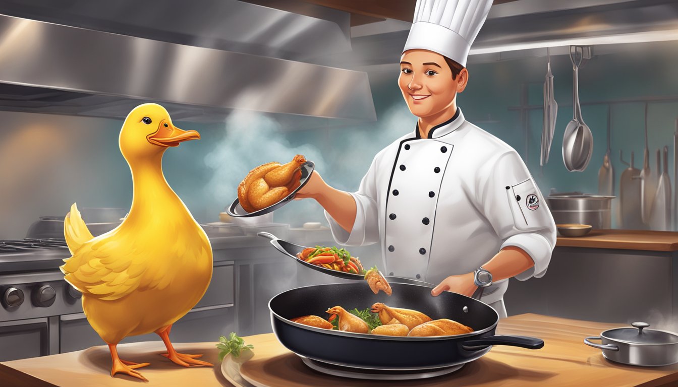 A chef effortlessly swaps a duck for a chicken in a sizzling pan