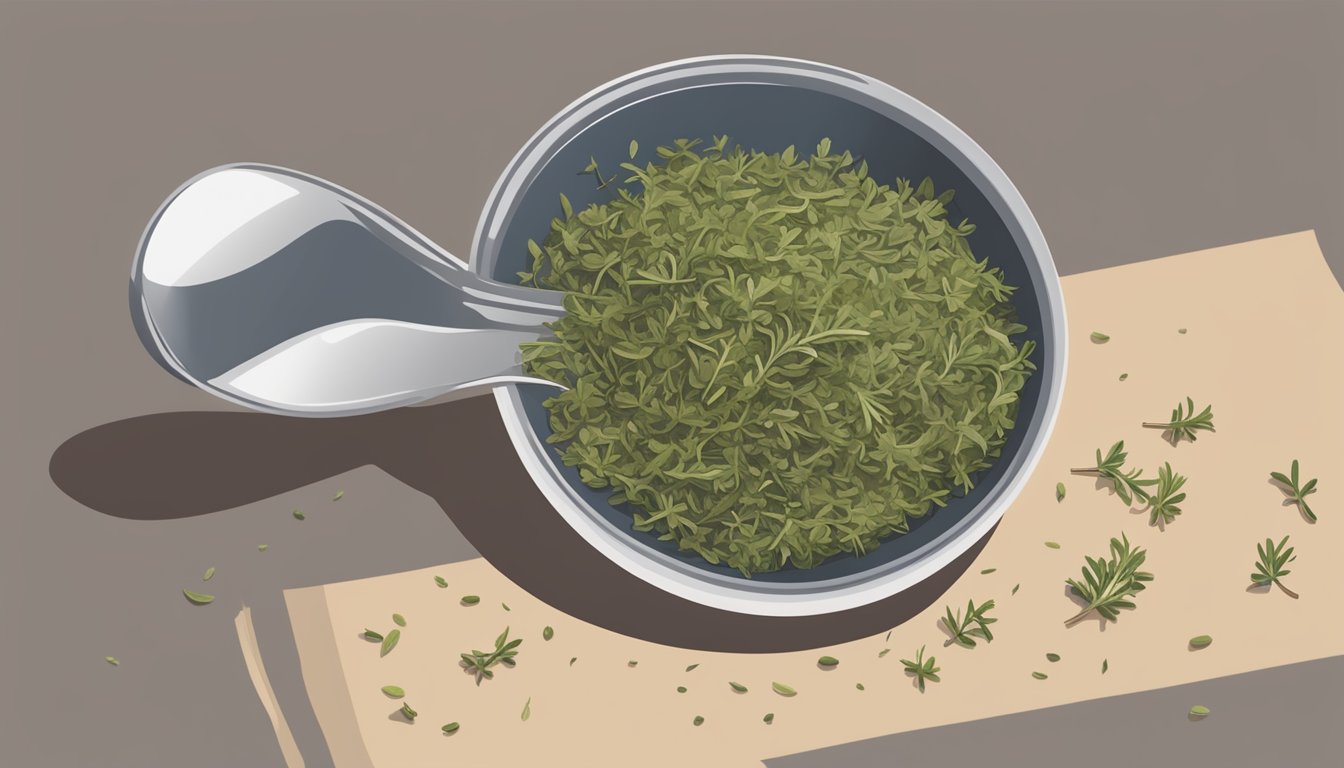 A small bowl of dried thyme being poured into a measuring spoon, with fresh thyme sprigs in the background