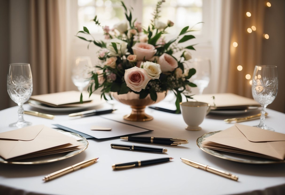 A table set with elegant pens, paper, and envelopes, surrounded by floral decorations and soft lighting