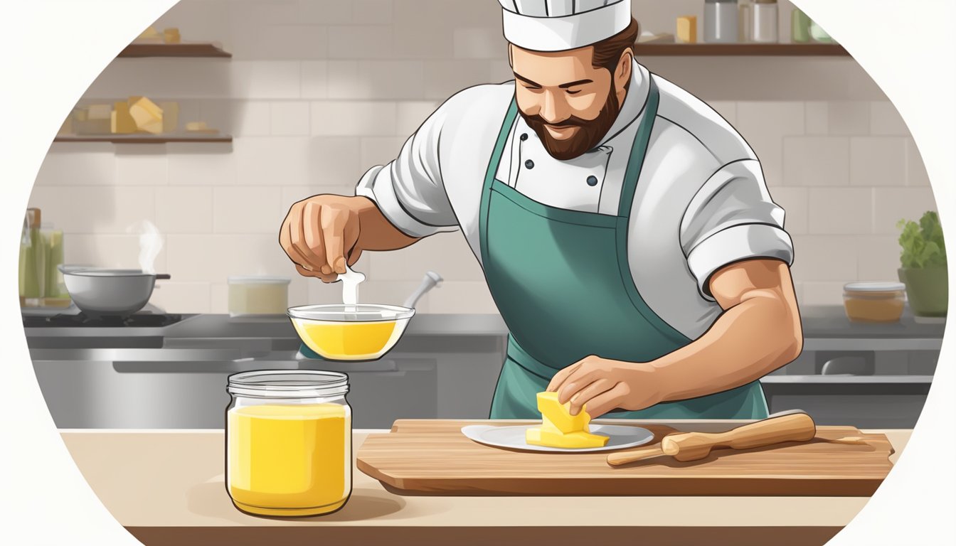 A chef pouring duck fat from a jar into a measuring cup, with a stick of butter next to it