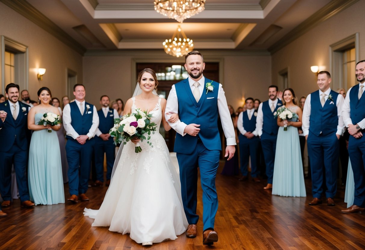 The bride and groom enter the reception hall as the same song plays for the bridal party