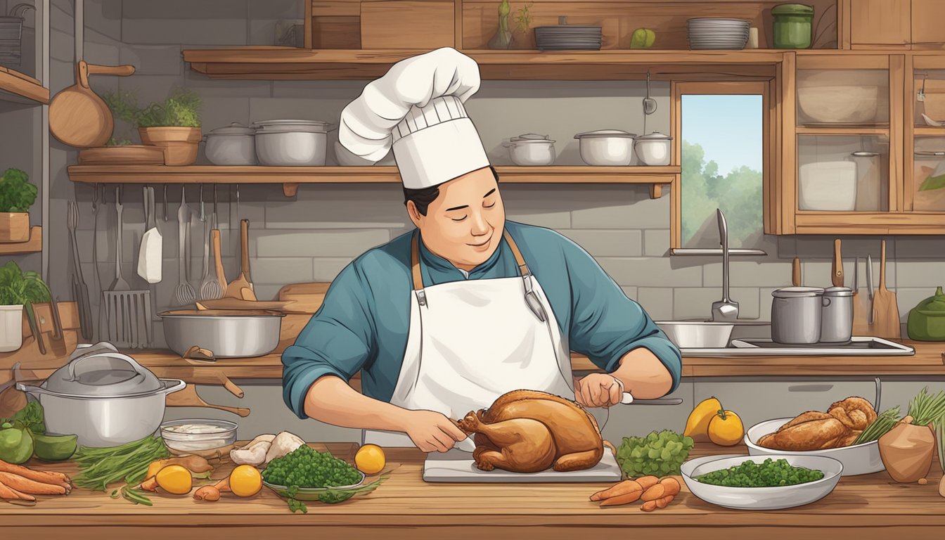 A chef swapping duck for chicken in a recipe, with various ingredients and kitchen utensils laid out on a wooden countertop