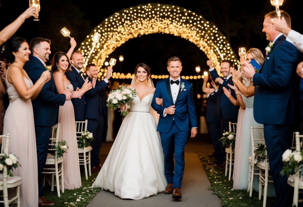 The bride and groom make their grand entrance, walking to the same song as the bridal party, surrounded by cheering guests and twinkling lights