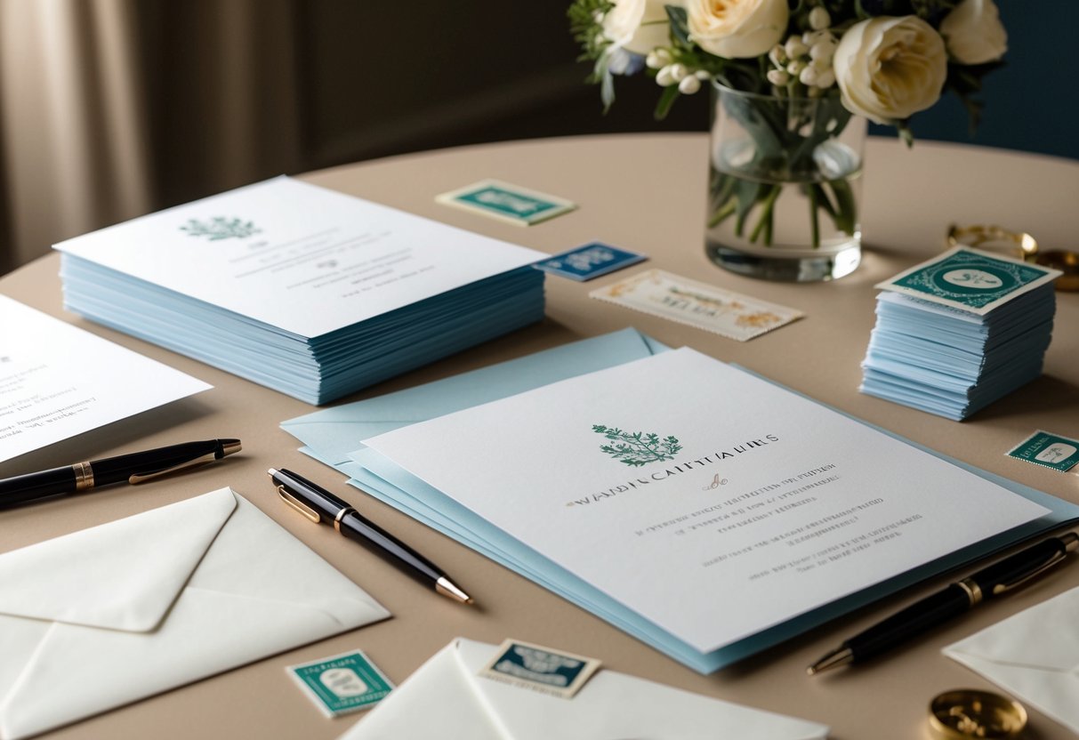 An elegant table with blank wedding invitations, surrounded by pens, stamps, and a stack of envelopes ready for mailing