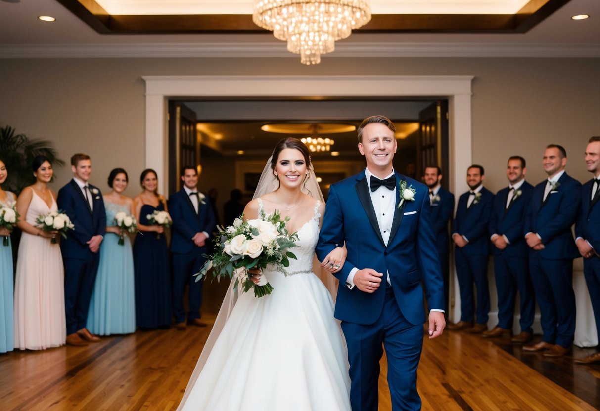 The bride and groom enter the reception hall as the same song plays for the bridal party