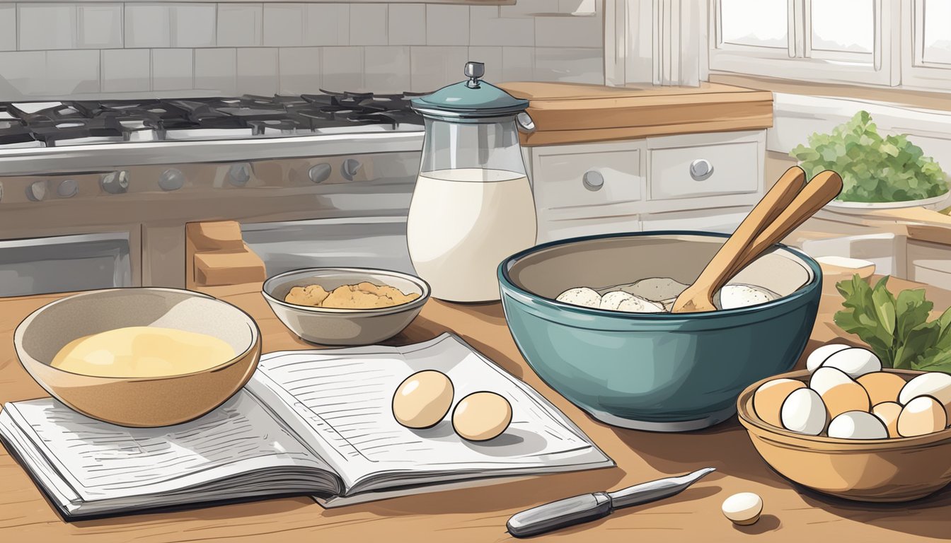 A kitchen counter with a carton of duck eggs next to a bowl of ingredients and a recipe book open to a page about substituting duck eggs for chicken eggs