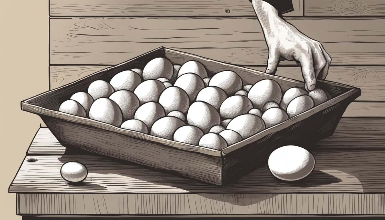 A hand reaching for a carton of duck eggs on a rustic wooden shelf, with a bowl of chicken eggs nearby