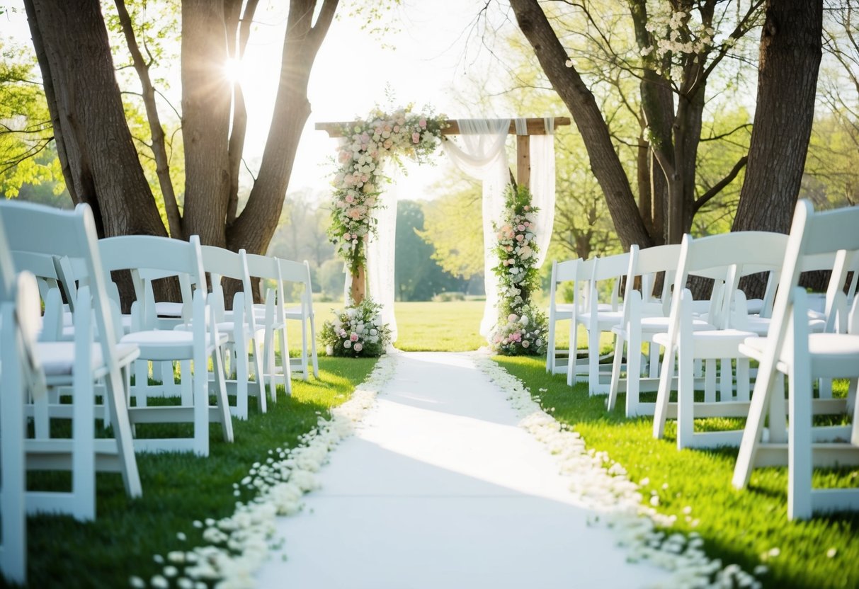 A flower-lined aisle with soft sunlight streaming through the trees, leading to a rustic wooden arch adorned with delicate lace and blossoms